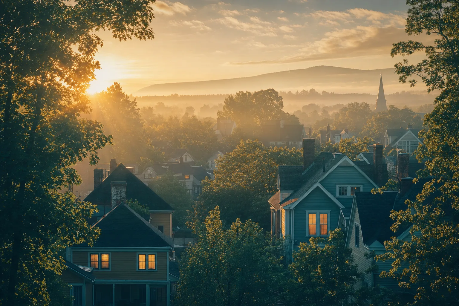 Soft golden sunrise over a quiet neighborhood at dawn
