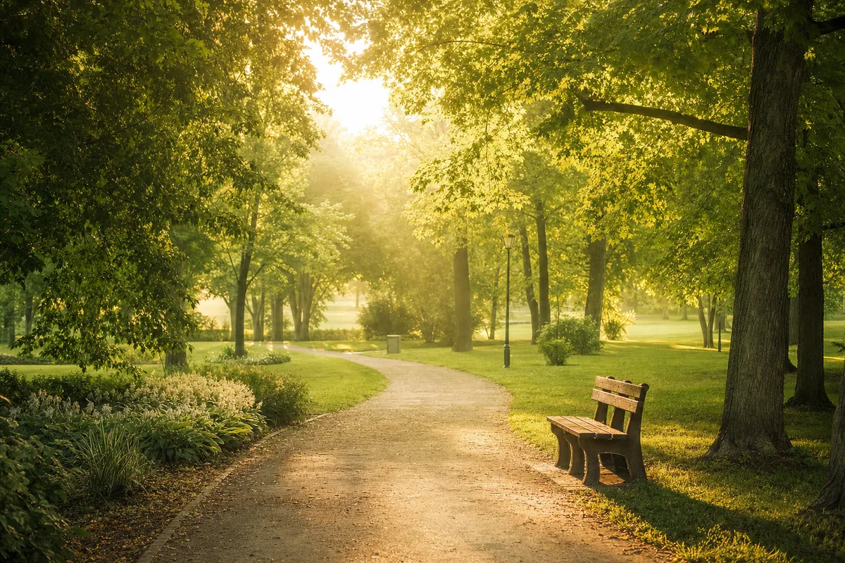 A sunlit path through a green park, with a quiet bench beneath the trees