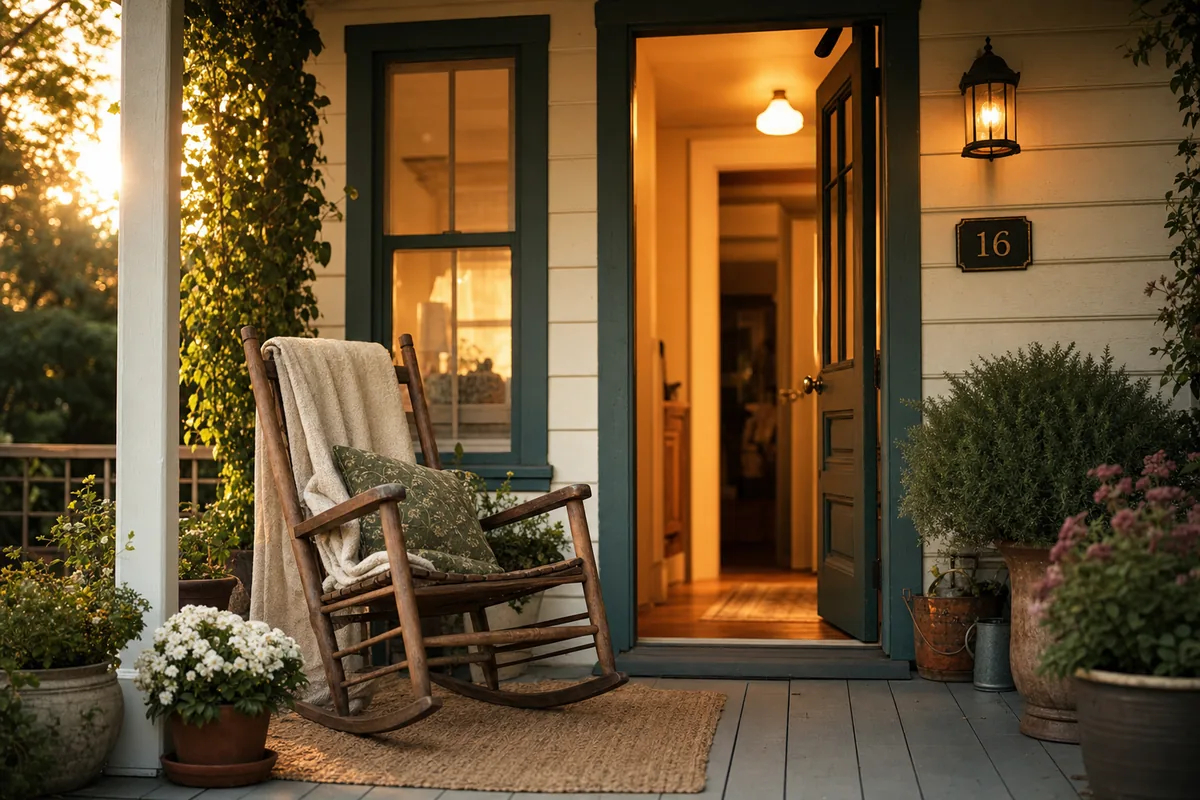 A welcoming porch with an open, warmly lit door at golden hour